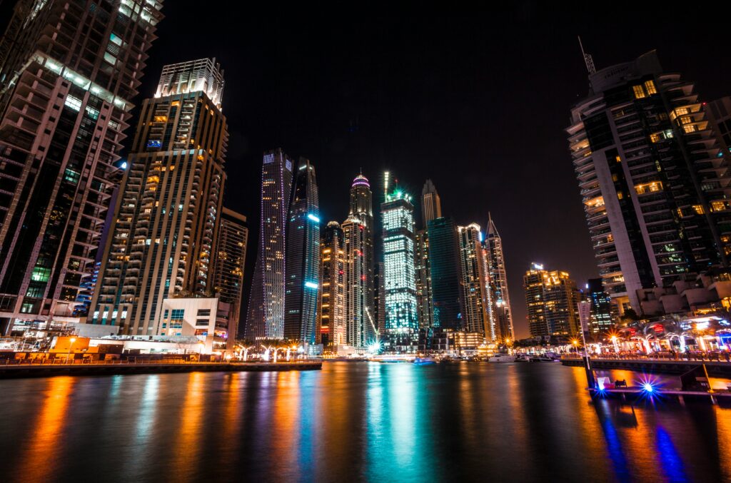 dubai marina skyscrapers at night