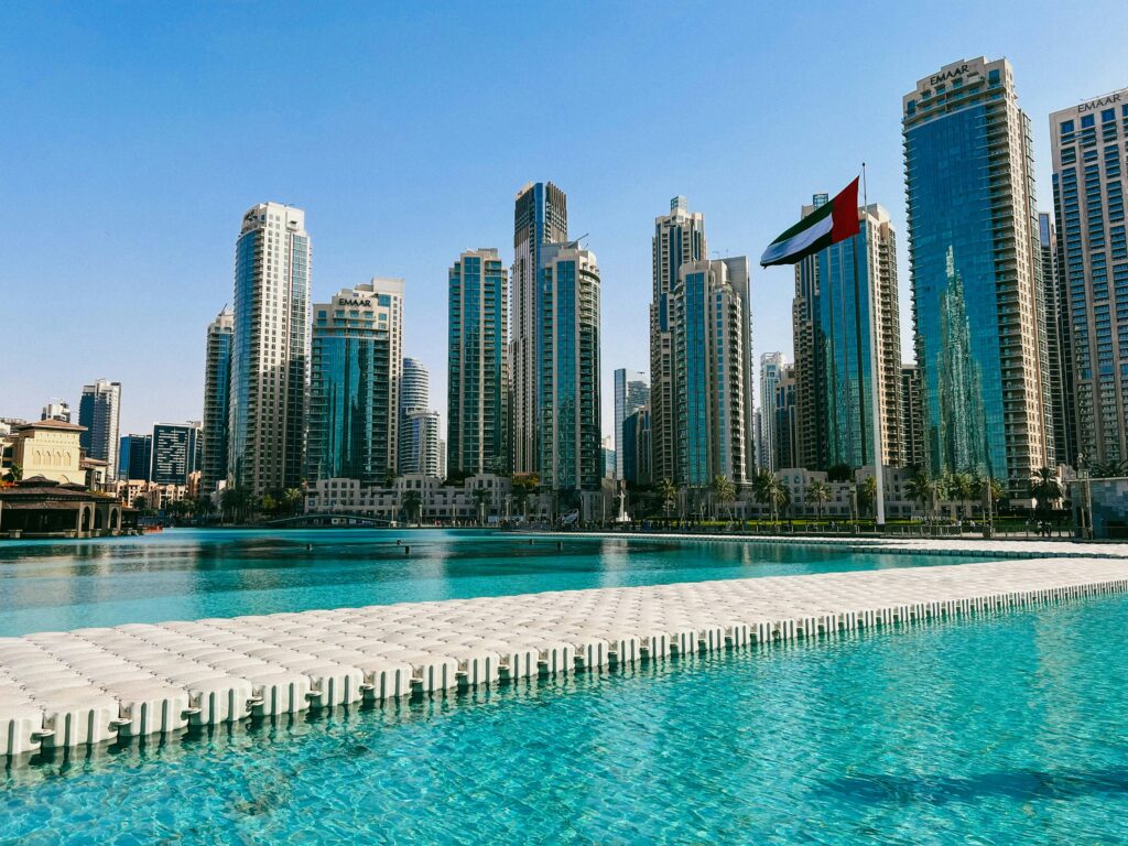 downtown dubai skyscrapers next to shoreline